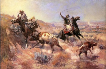 インディアナ カウボーイ Painting - 深刻な苦境 1908年 チャールズ・マリオン・ラッセル インディアナ州のカウボーイ